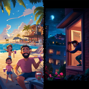 The image is split vertically: the left side depicts a cheerful family on a bright, sunny beach enjoying drinks, while the right side shows a shadowy figure sneaking through a window into a dark house at night.
